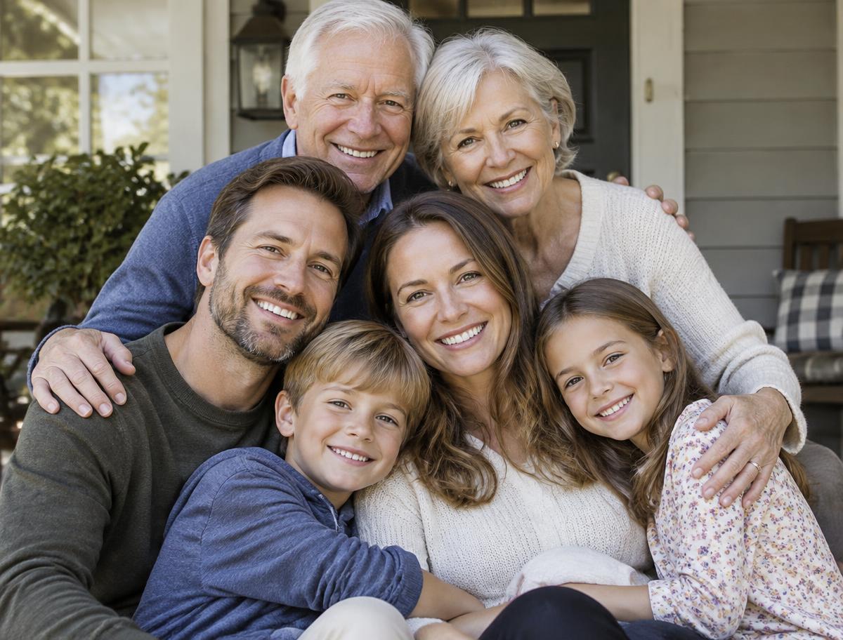 Smiling family on a porch